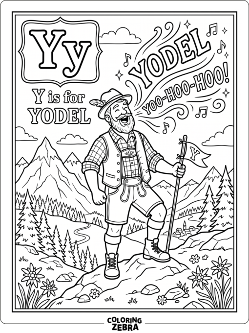 A singer yodeling in the mountains beside the letter Y