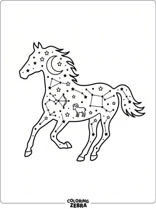 A horse silhouette with stars and a moon