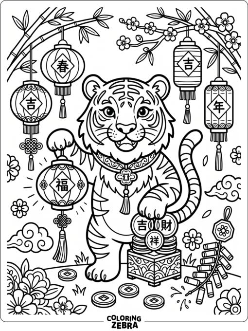 A tiger with lanterns and lucky coins
