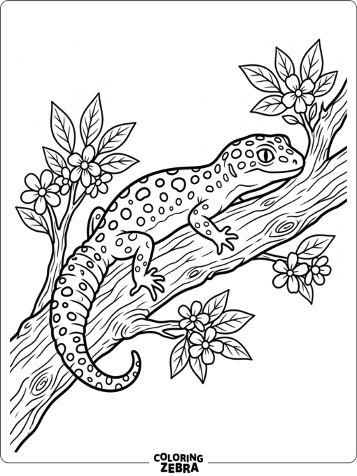 A yellow spotted lizard on a branch with flowers