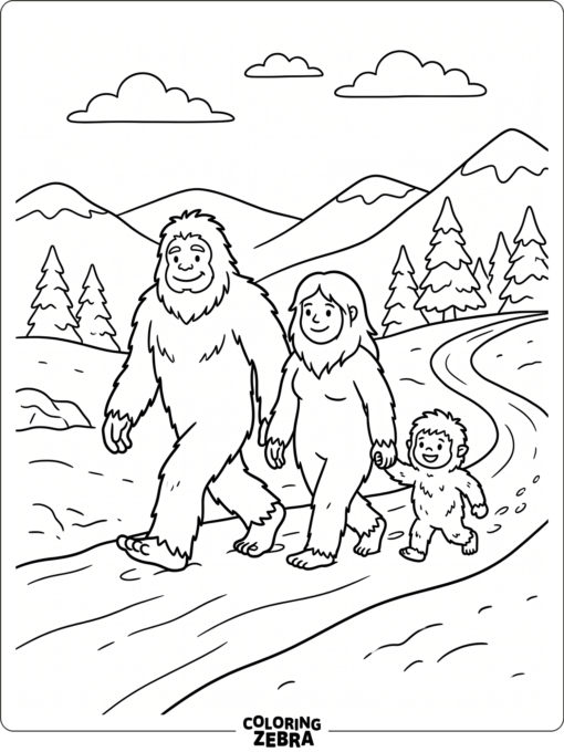 A yeti family walks through fresh snow with hills and open sky behind them.