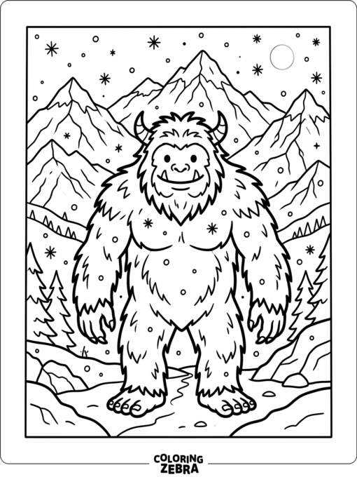 A yeti stands in falling snow with mountains in the distance and simple lines.