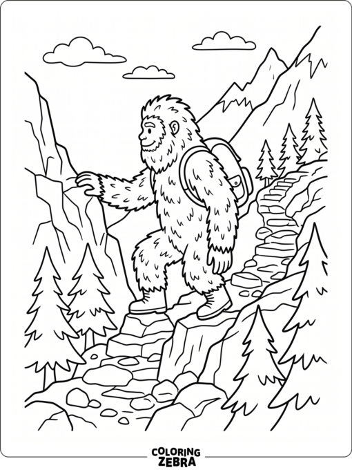A shaggy yeti climbing a mountain path