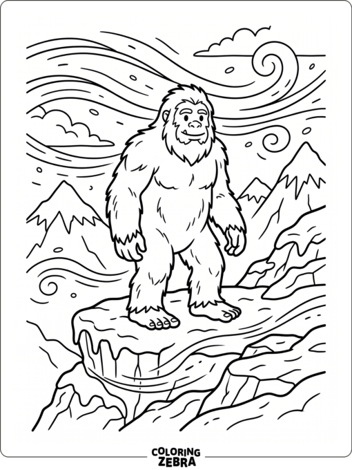 A yeti stands on a snowy ledge with wind lines and a simple mountain view.