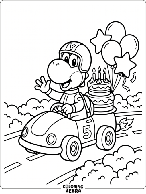 A dinosaur racer with a birthday cake and balloons