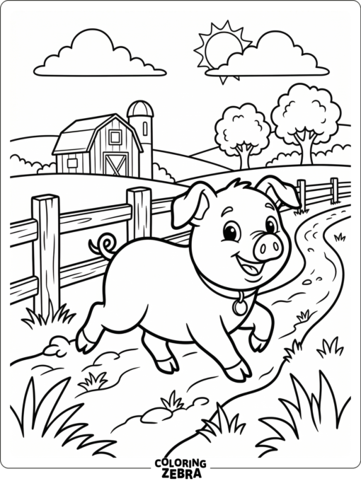A young pig running along a farm path