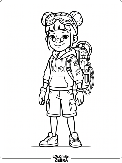 Yutani from Subway Surfers holding a science backpack