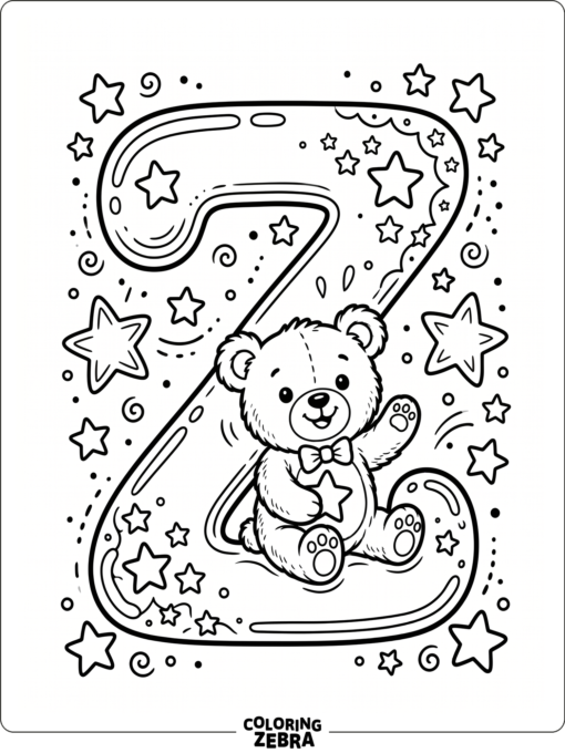 A rounded Z with a teddy bear and stars