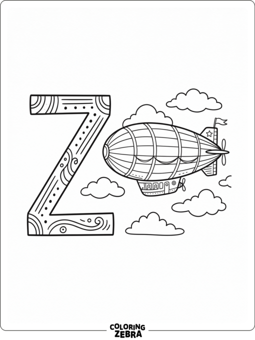 A bold letter Z with a zeppelin floating through clouds