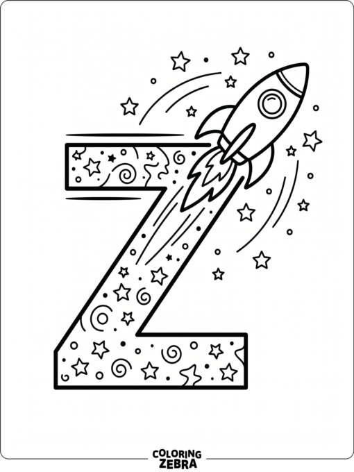 A bold letter Z with a rocket zooming through stars