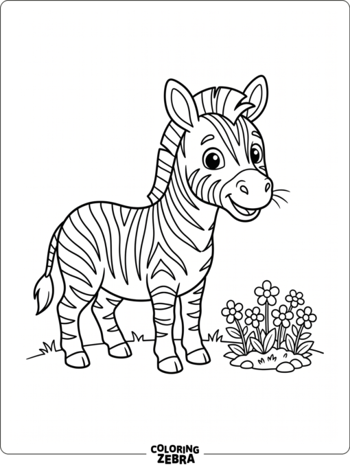 A friendly zebra with big eyes and flowers