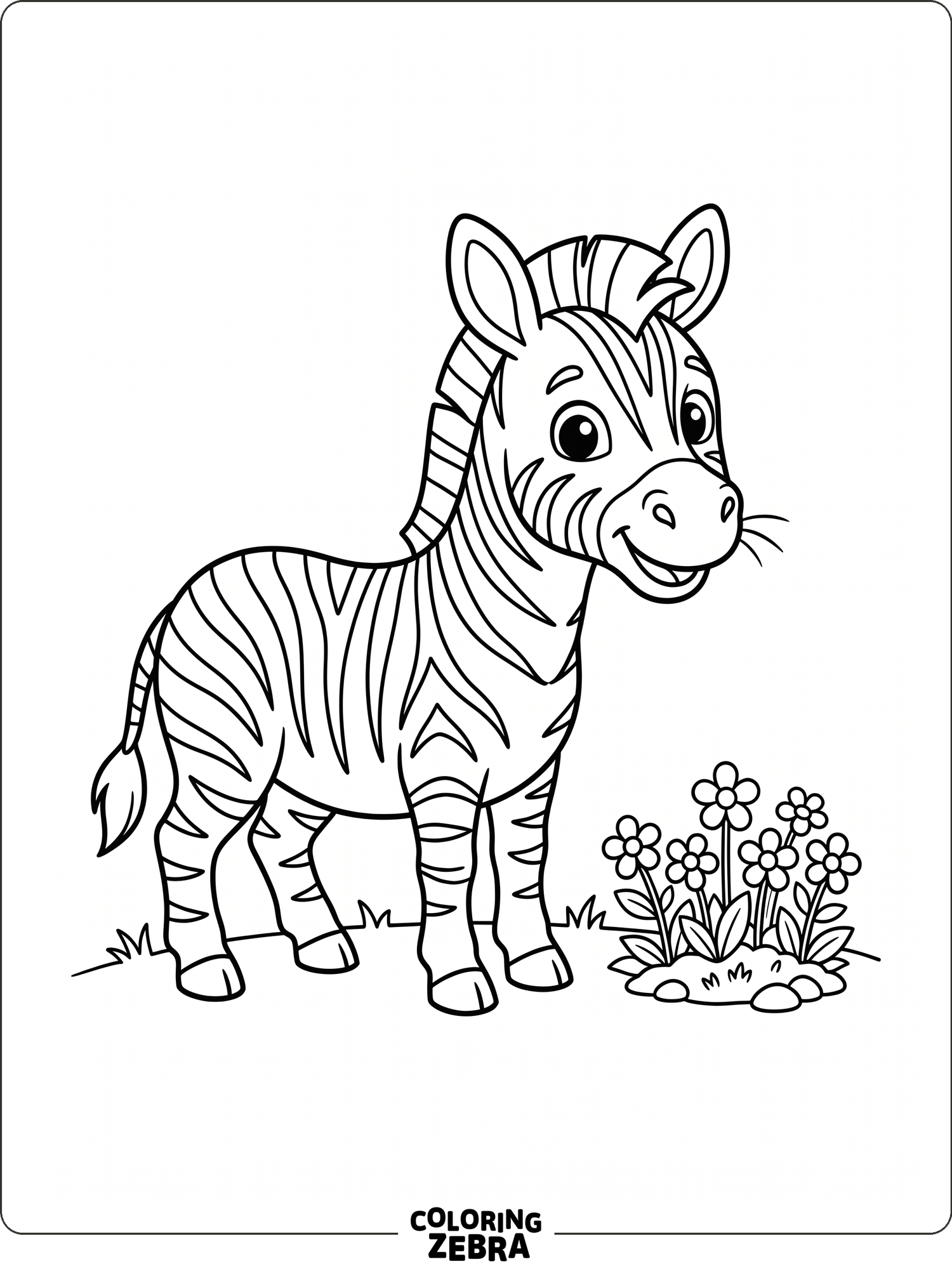 A friendly zebra with big eyes and flowers