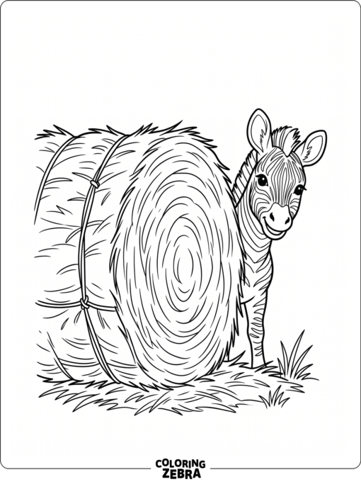 A baby zebra peeking from behind hay