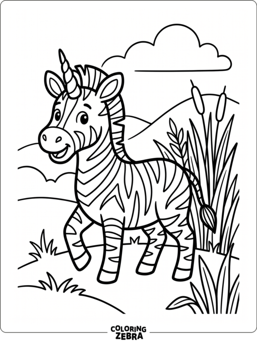 A zebra with a unicorn horn stands in grass