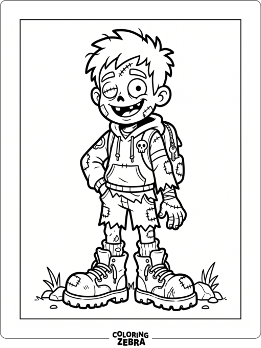 A cartoon zombie kid with big shoes and a lopsided smile