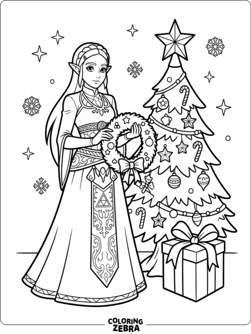 Zelda with a holiday wreath and wrapped gift