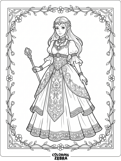 Princess Zelda with ornate dress and floral border