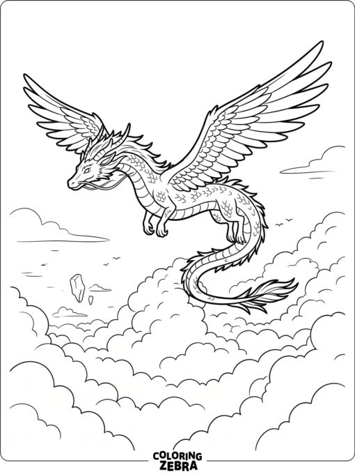 Dragon flying above clouds with wide wings