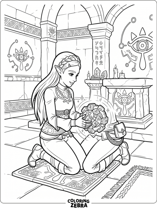 Zelda using a glowing puzzle device in a shrine chamber
