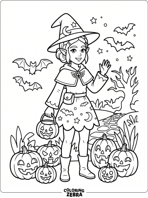 Zelda with pumpkins and bats for Halloween