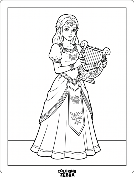Zelda holding a harp in royal dress
