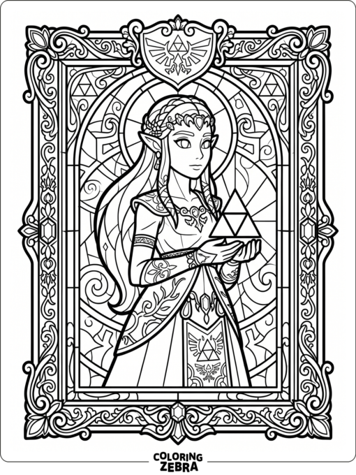 Stained glass Zelda portrait with ornate frame