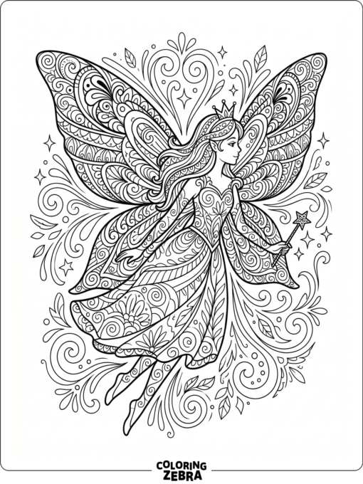 A zentangle fairy with patterned wings and swirls