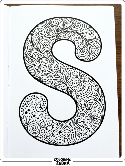 A large S filled with zentangle patterns