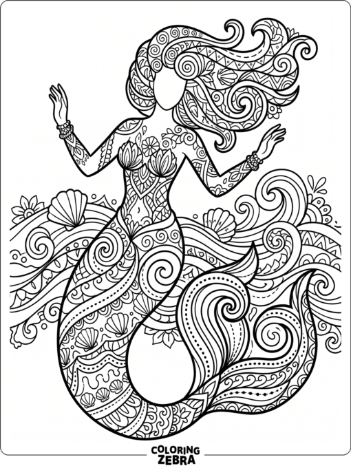 A mermaid with zentangle patterns and shells