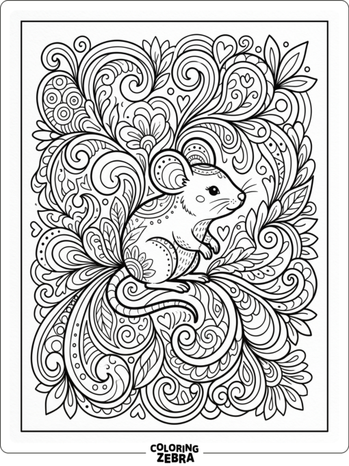 A mouse surrounded by flowing zentangle patterns