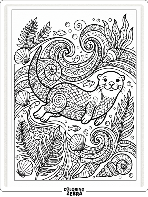 An otter with zentangle waves and shells
