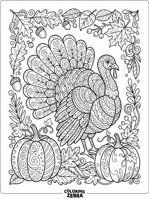 A zentangle turkey with feathers, leaves, and pumpkins