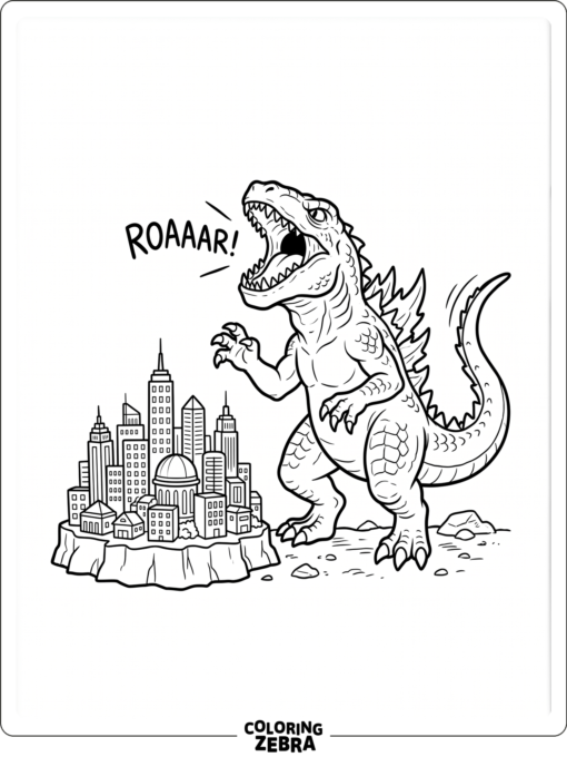 Zilla Jr. roars near a small city skyline