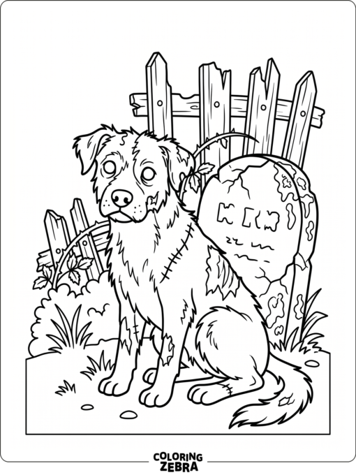 A zombie dog with ragged fur stands by a cracked gravestone