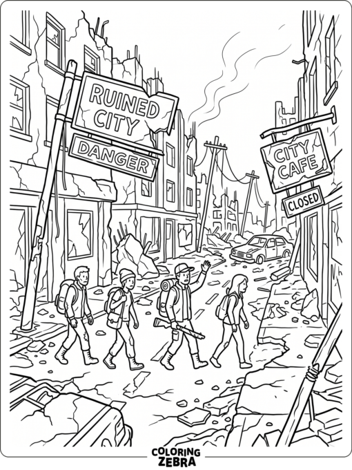 A group of survivors in a ruined city street