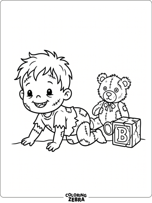 A zombie baby crawling near a teddy bear