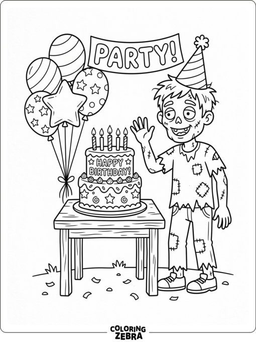 A zombie wearing a party hat beside a cake