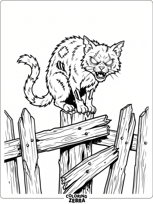 A zombie cat sitting on a broken fence