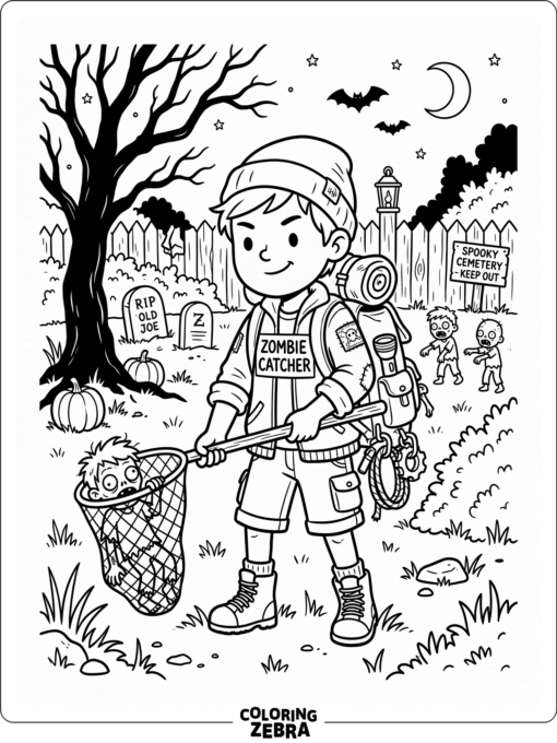 A zombie catcher holding a net and backpack