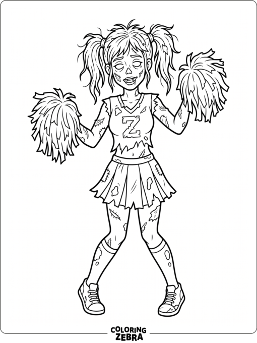 A zombie cheerleader holding pom poms in a torn uniform