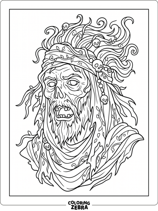 An ornate zombie portrait with vines and tattered fabric