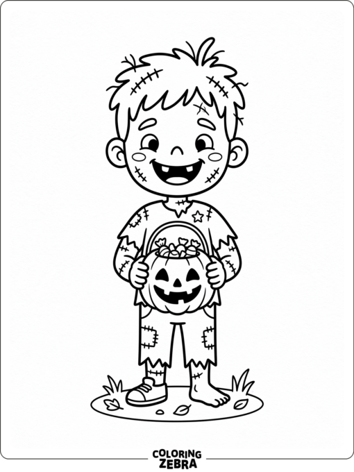 A kid-friendly zombie holding a candy bucket