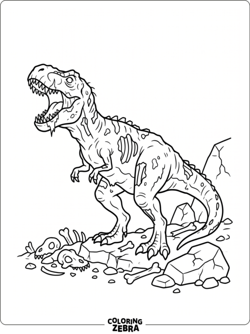 A zombie dinosaur roaring near cracked rocks