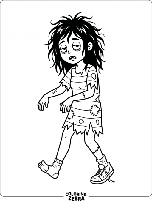 A zombie girl with messy hair and a ripped dress