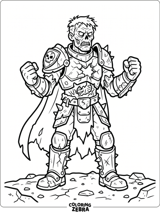 A zombie armored hero with a cracked suit and stern face