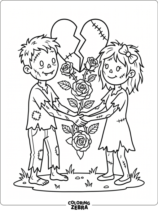 Two zombies holding hands with a heart