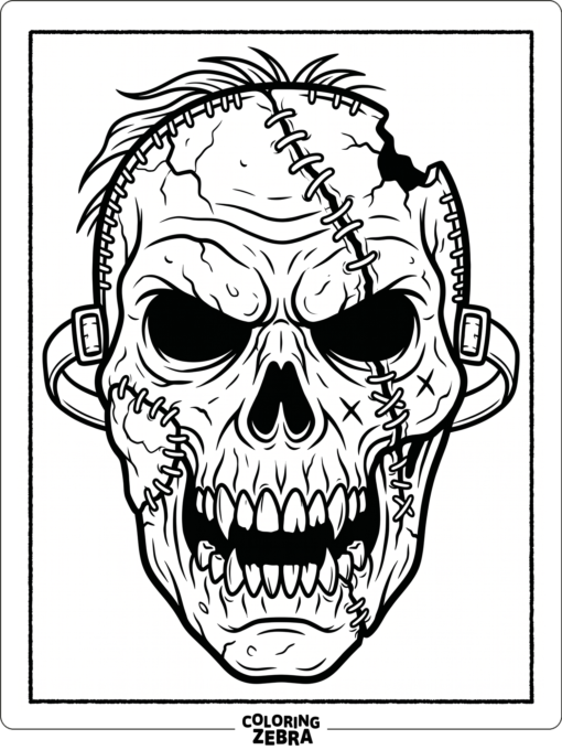 A zombie mask with jagged teeth and stitched details