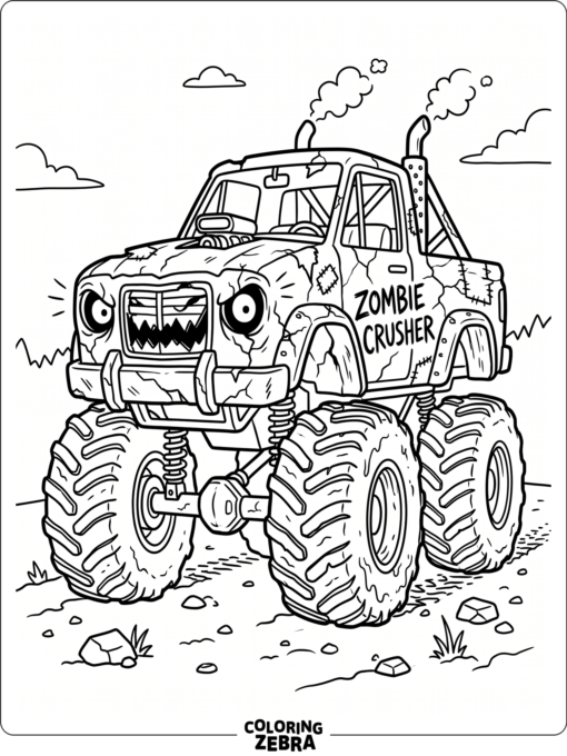 Zombie monster truck with spooky headlights and cracked panels