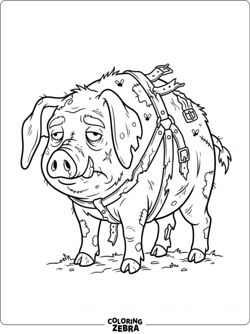 A zombie pig with drooping ears and a broken harness