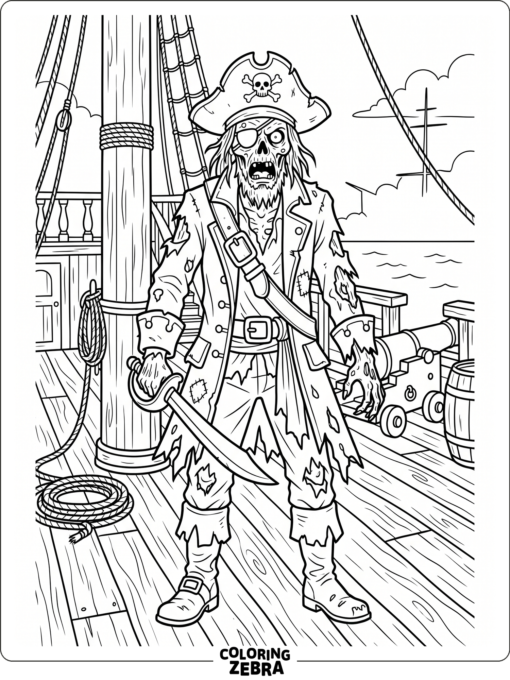 A zombie pirate with an eye patch on a ship deck